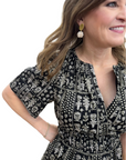 short sleeve split neck smocked waist midi dress