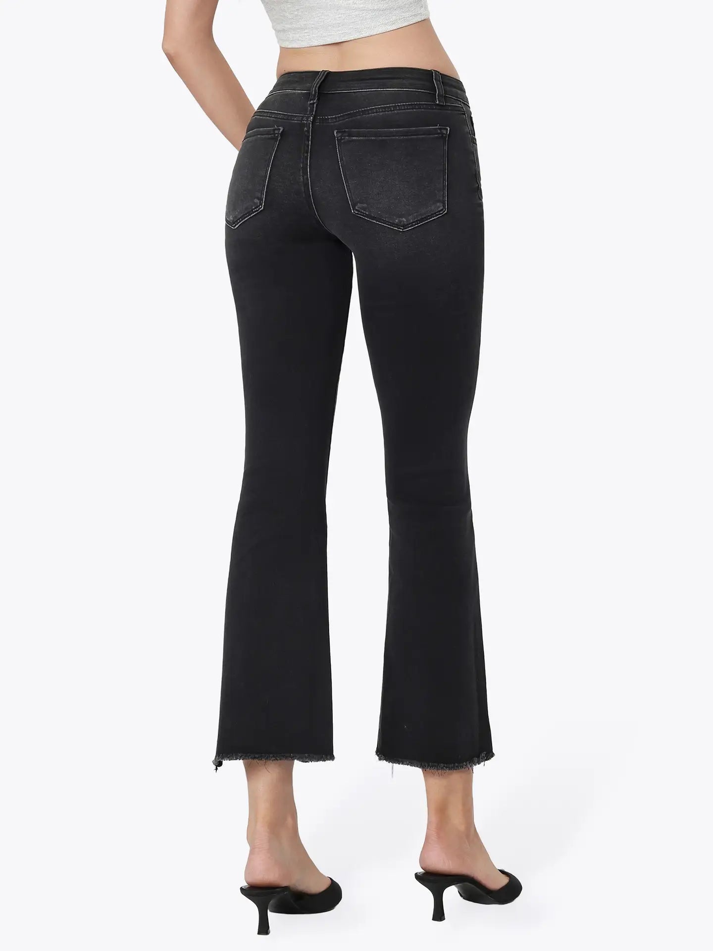 Mid Rise Raw Hem Crop Flare, Black, Back View - VERVET