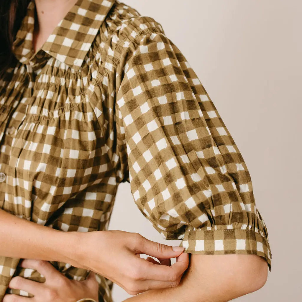 Painted Gingham Oasis Dress, Olive, Back View - Sunshine Tienda
