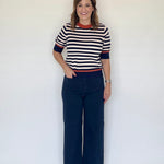 Navy Orange Stripe SS Sweater, Styled - THML