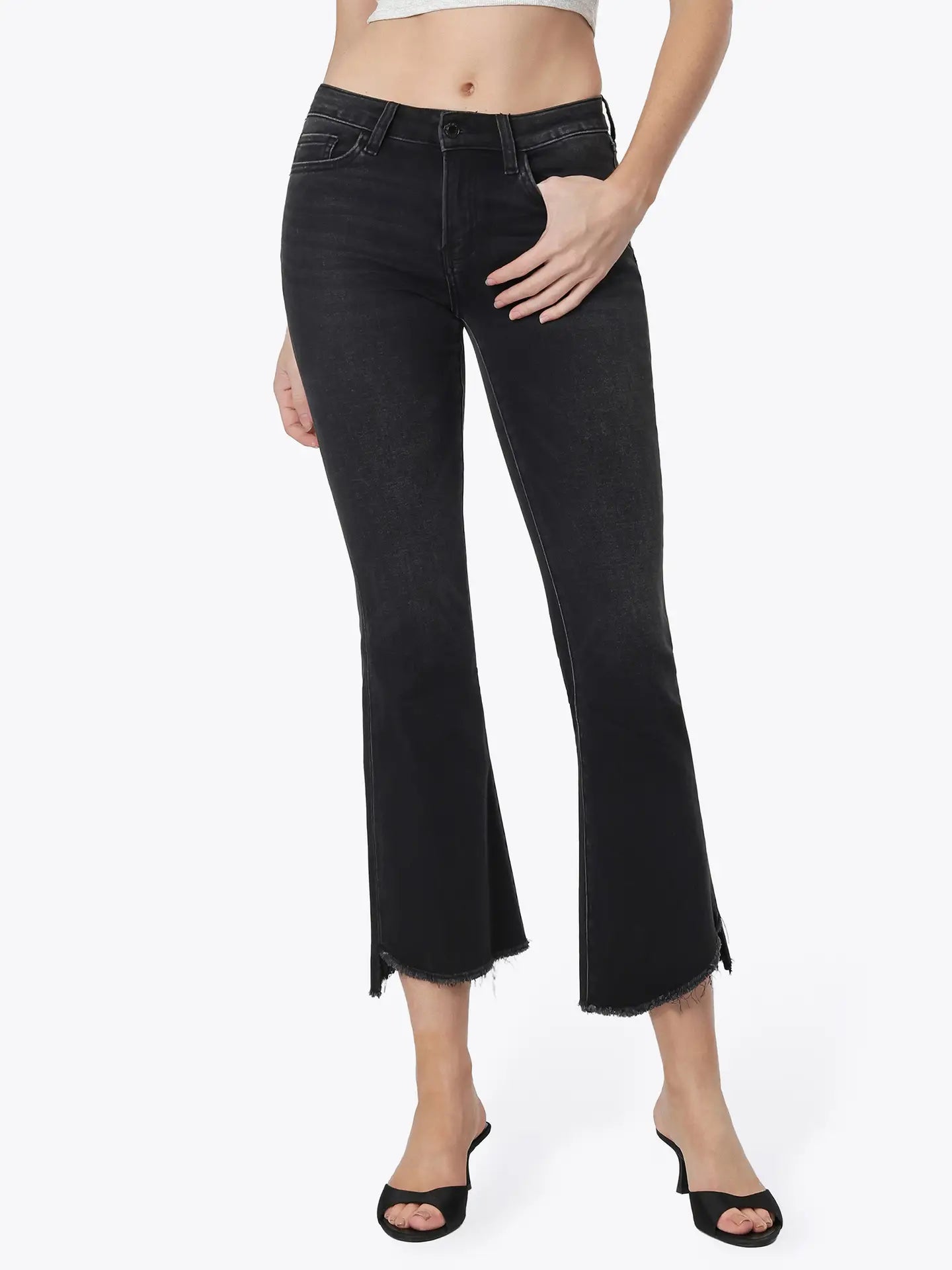 Mid Rise Raw Hem Crop Flare, Black - VERVET