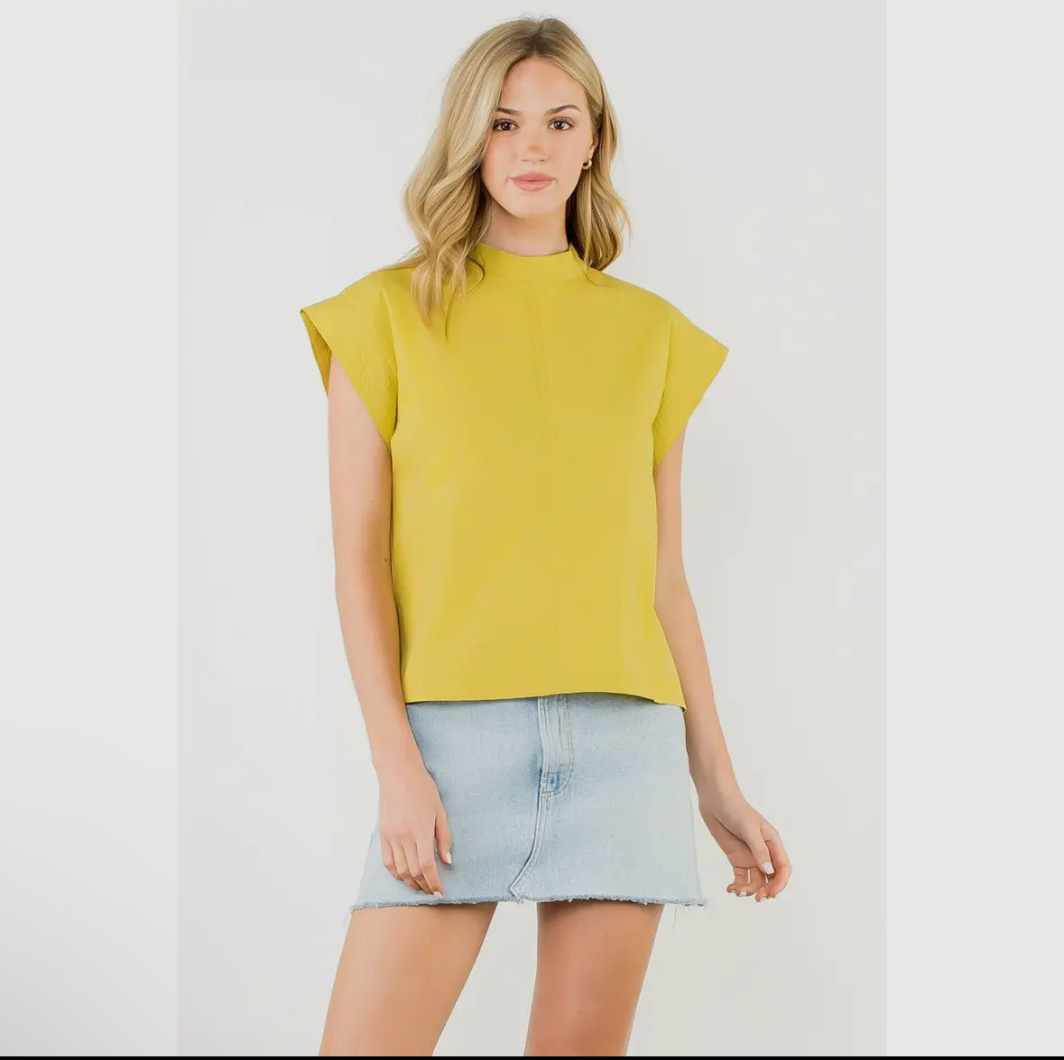 THML mock neck cap sleeve blouse in chartreuse and white