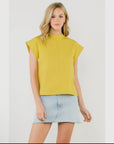 THML mock neck cap sleeve blouse in chartreuse and white