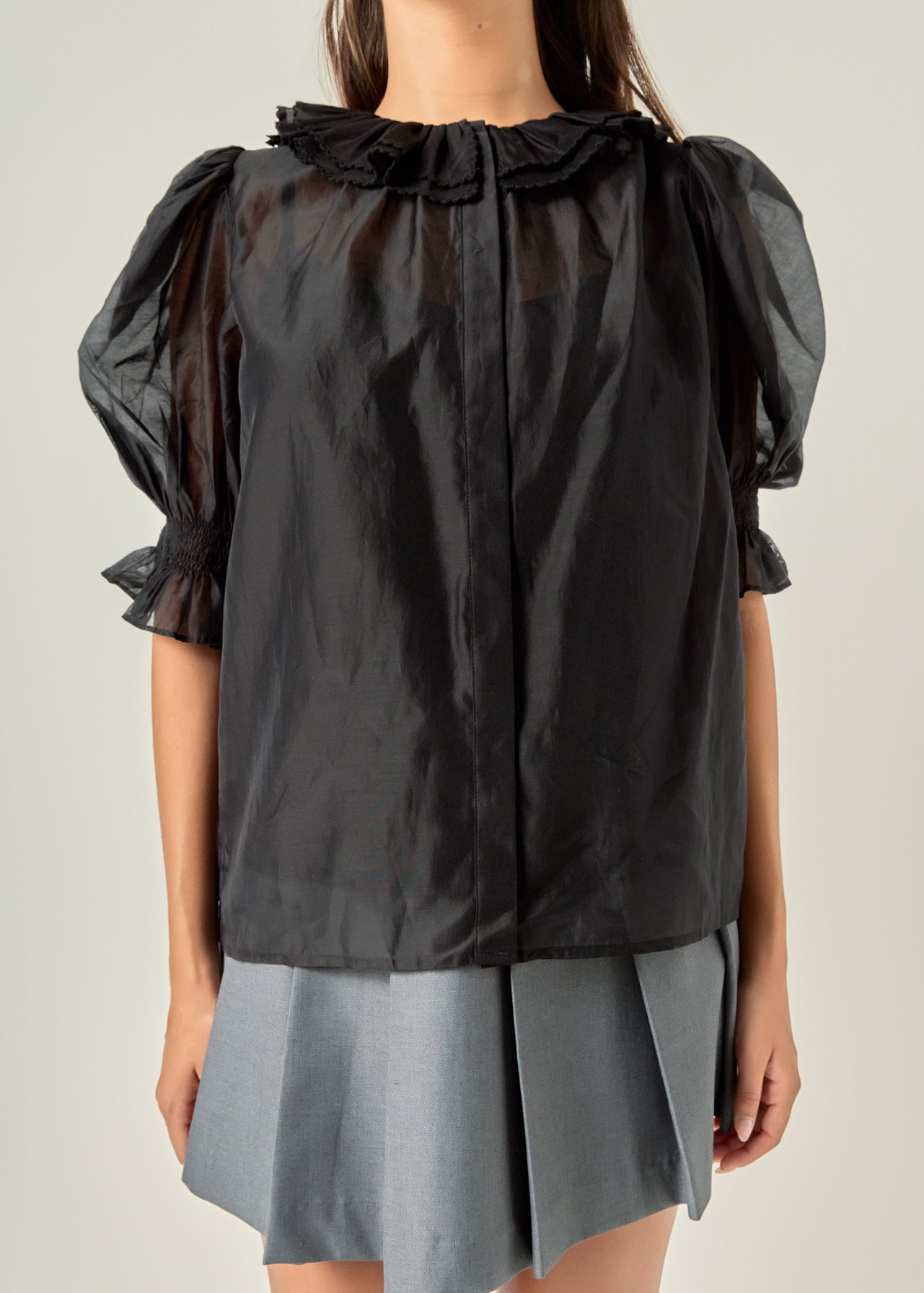 Black Ruffled Short Sleeve Blouse - English Factory