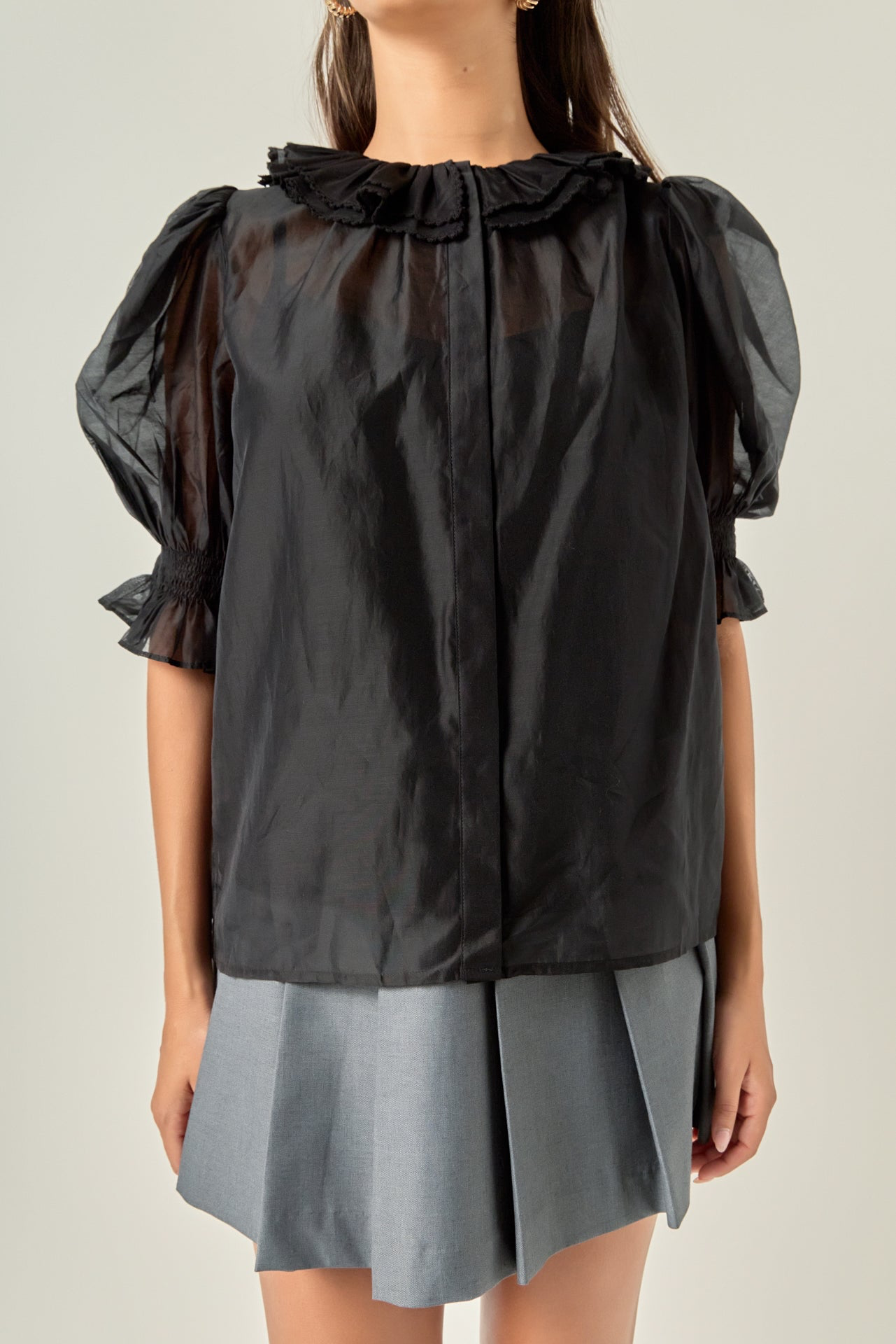 Black Ruffled Short Sleeve Blouse - English Factory