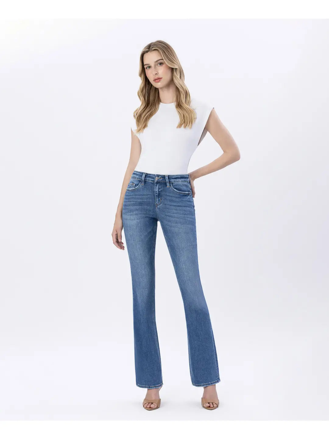 High rise stretch slim bootcut jeans in medium dark wash, back view, women's denim
