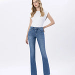 High rise stretch slim bootcut jeans in medium dark wash, back view, women's denim