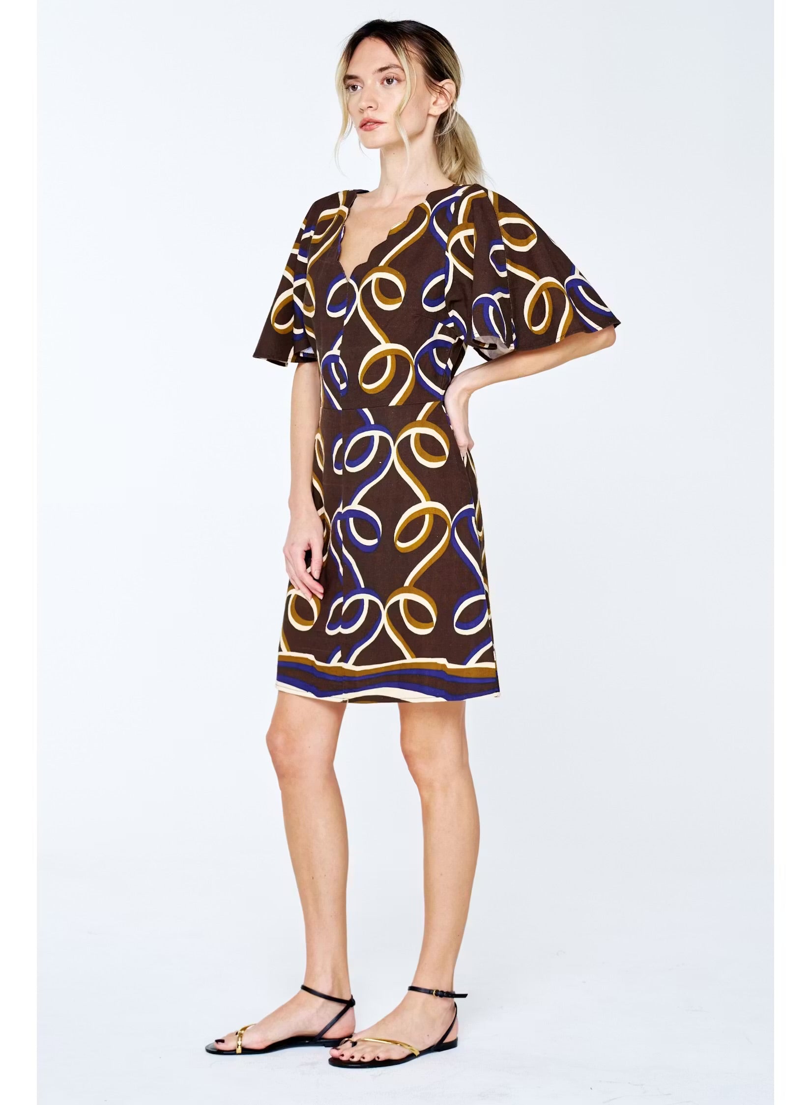 Ribbon Print Brown Mini Dress, Detail - Ciebon