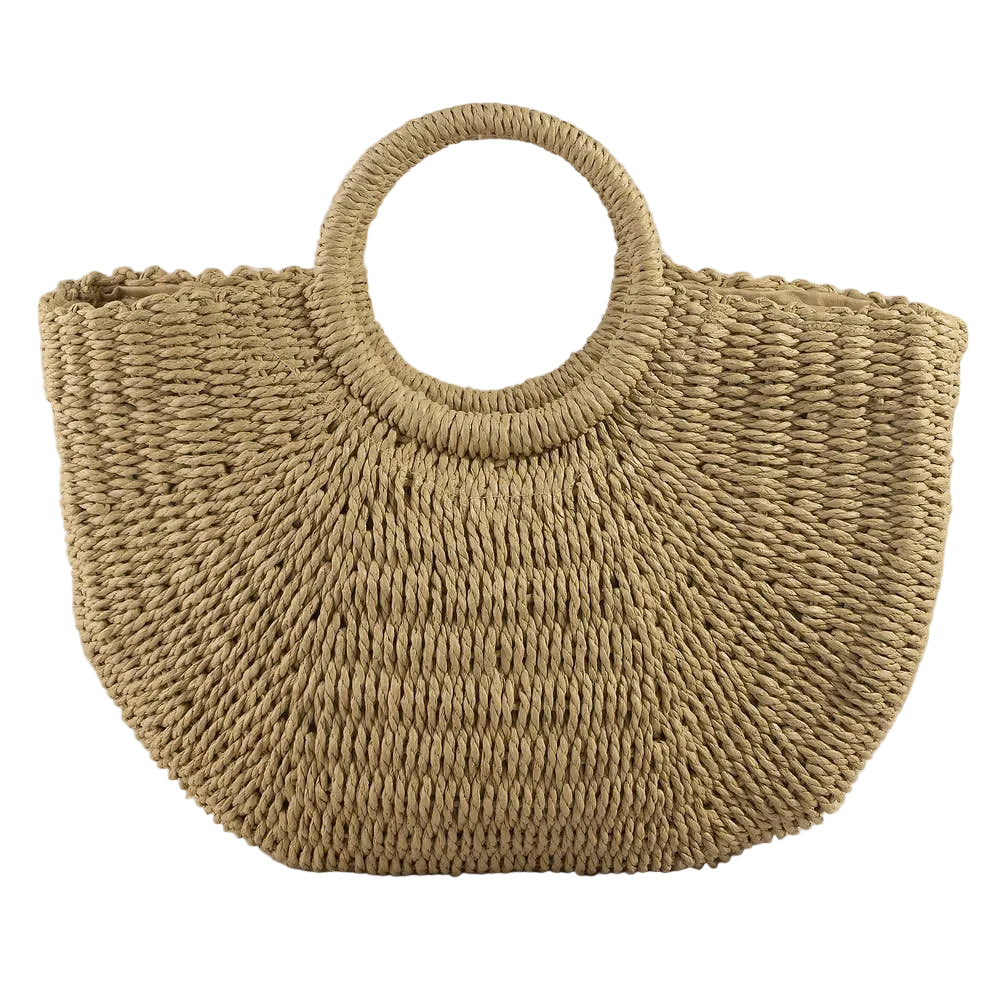 Beige woven handbag on a wooden surface