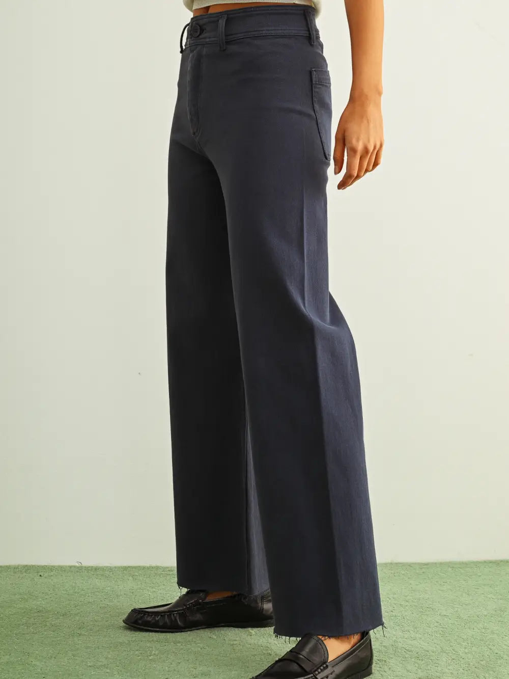 Straight Wide Leg Denim, Navy, Raw Hem Detail - Miou Muse