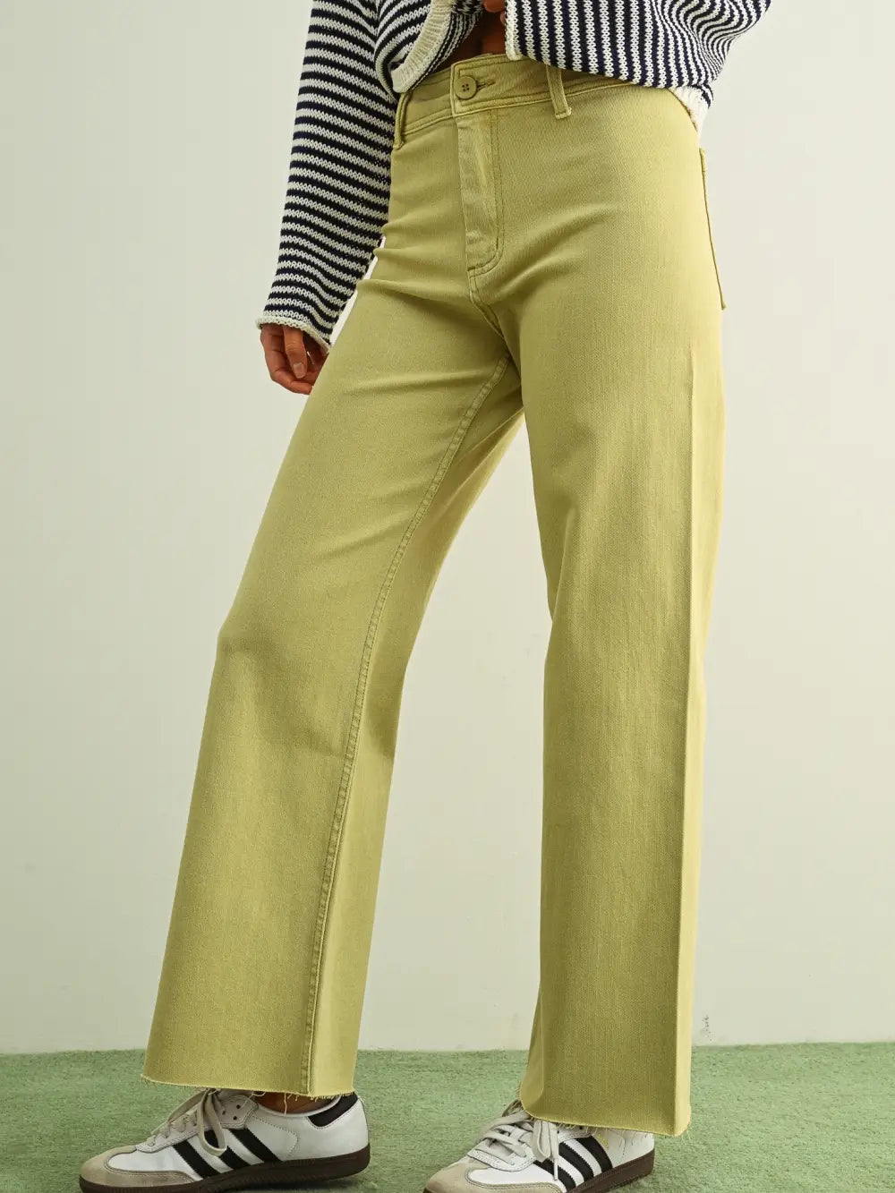 Straight Wide Leg Denim, Olive Mist, Back View - Miou Muse