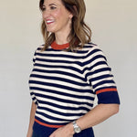 Navy Orange Stripe SS Sweater, Back View - THML