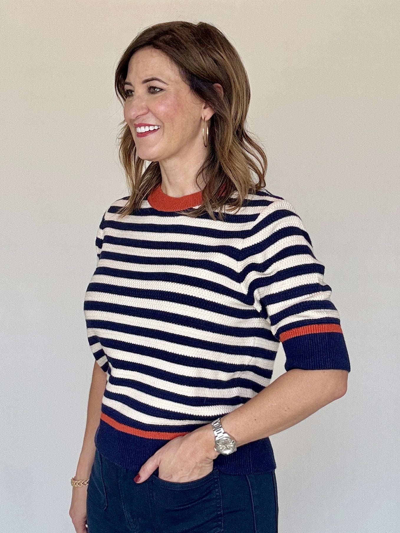 Navy Orange Stripe SS Sweater, Back View - THML
