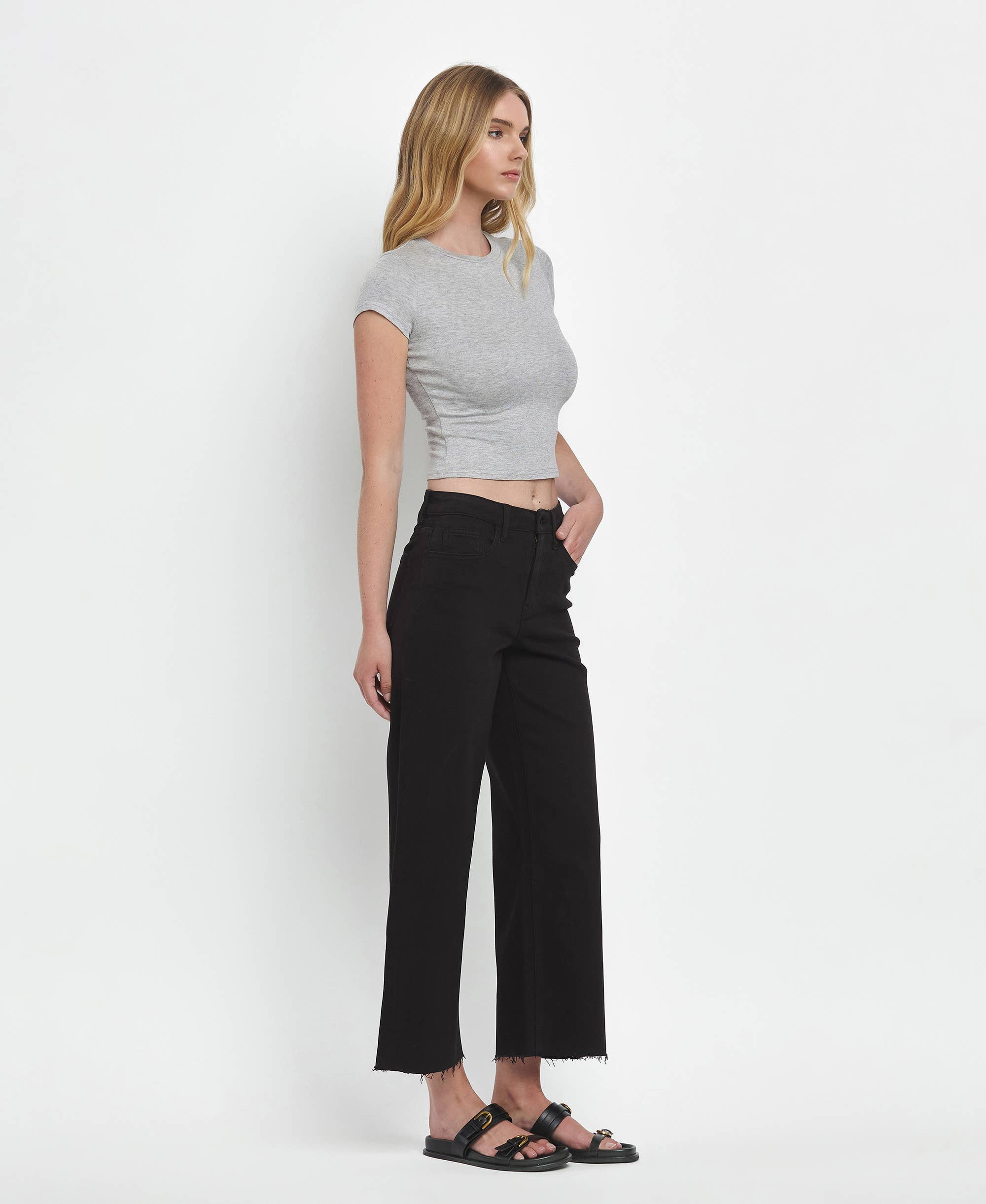 high rise wide leg frayed bottom denim jeans
