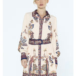 Cream Peacock Print Mini Dress with Blue Ribbon Trim - Ciebon