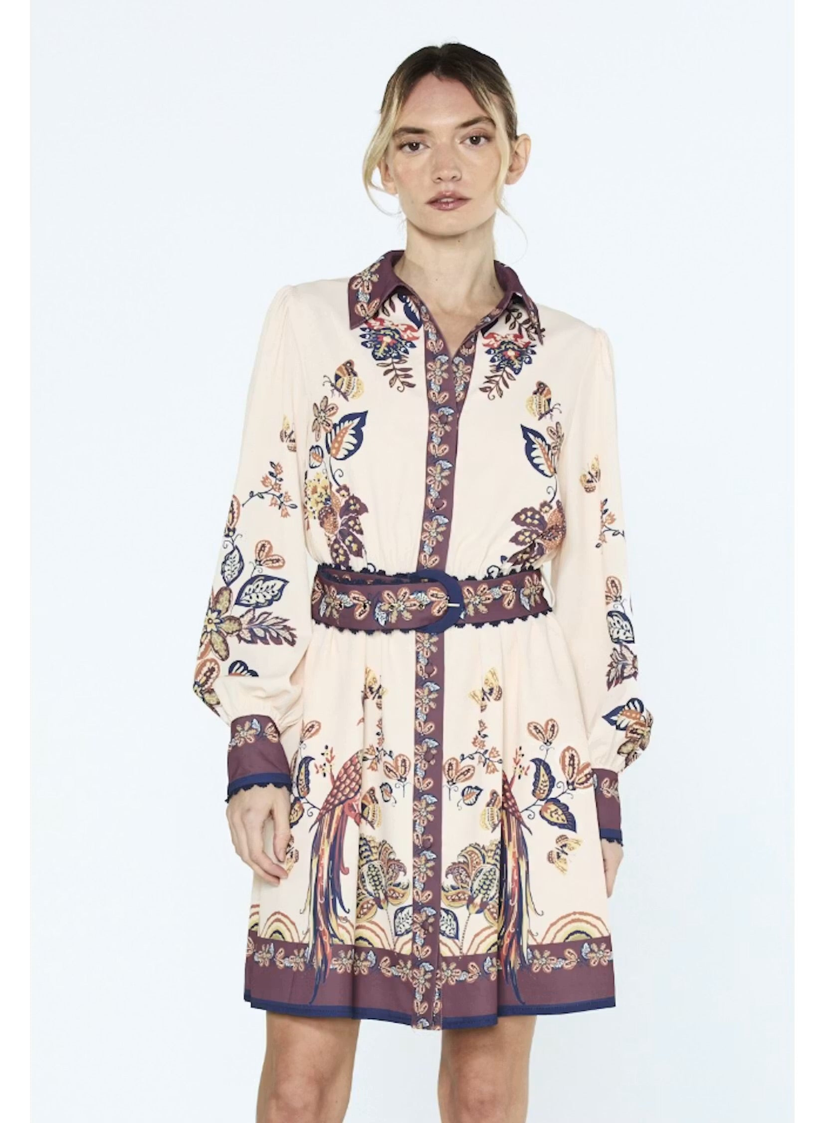 Cream Peacock Print Mini Dress with Blue Ribbon Trim - Ciebon