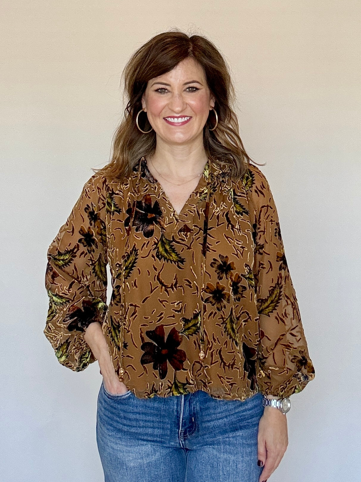 Brown Velvet Floral Blouse
