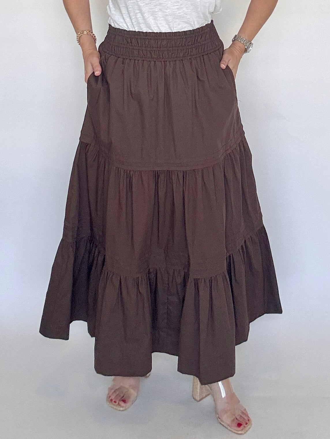 Chocolate Tiered Midi Skirt - THML