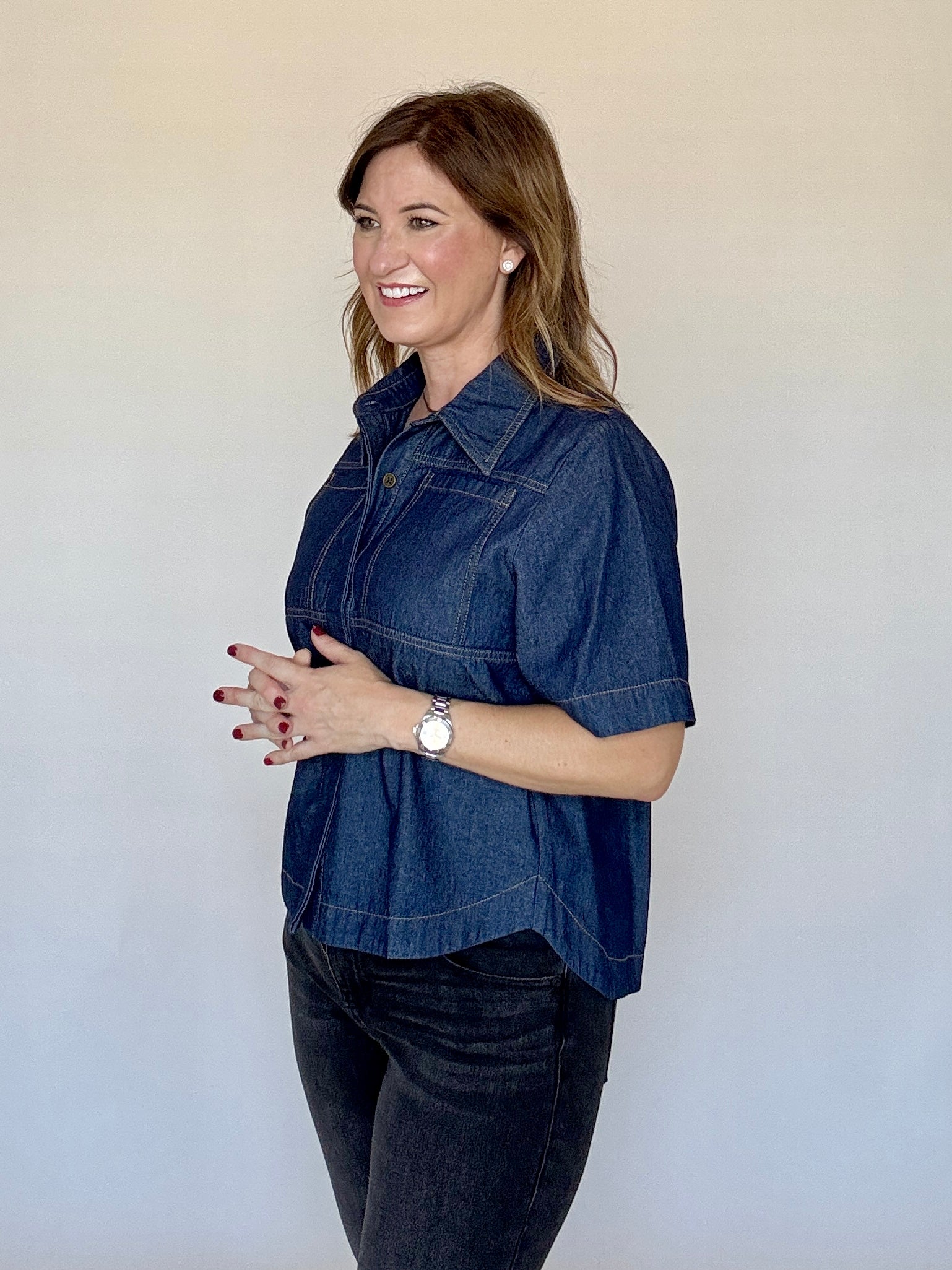 Denim Boxy Button Up Blouse, Styled - THML