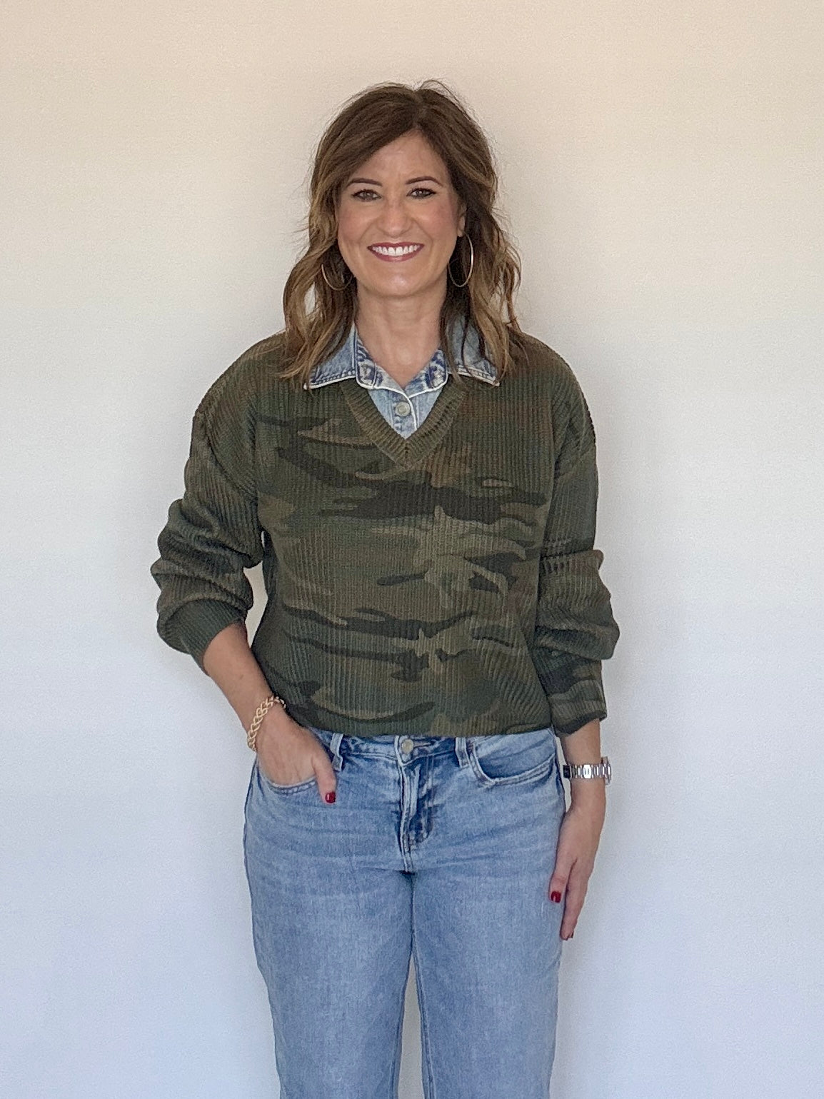 Camo Sweater with Denim Collar by Vintage Havana, front view