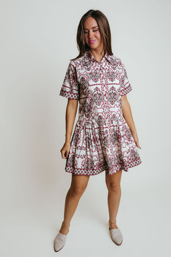 Woman wearing a Laroque Hannah Dress in Wrangler patter against a plain background