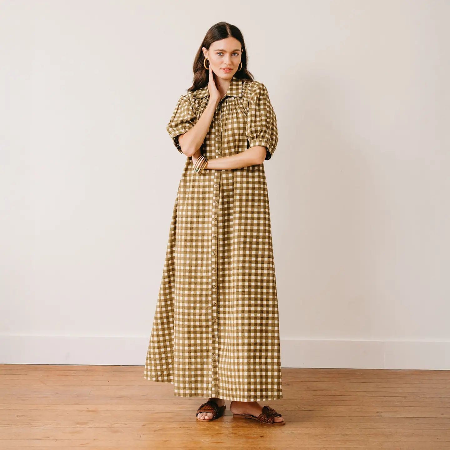 Painted Gingham Oasis Dress, Olive - Sunshine Tienda