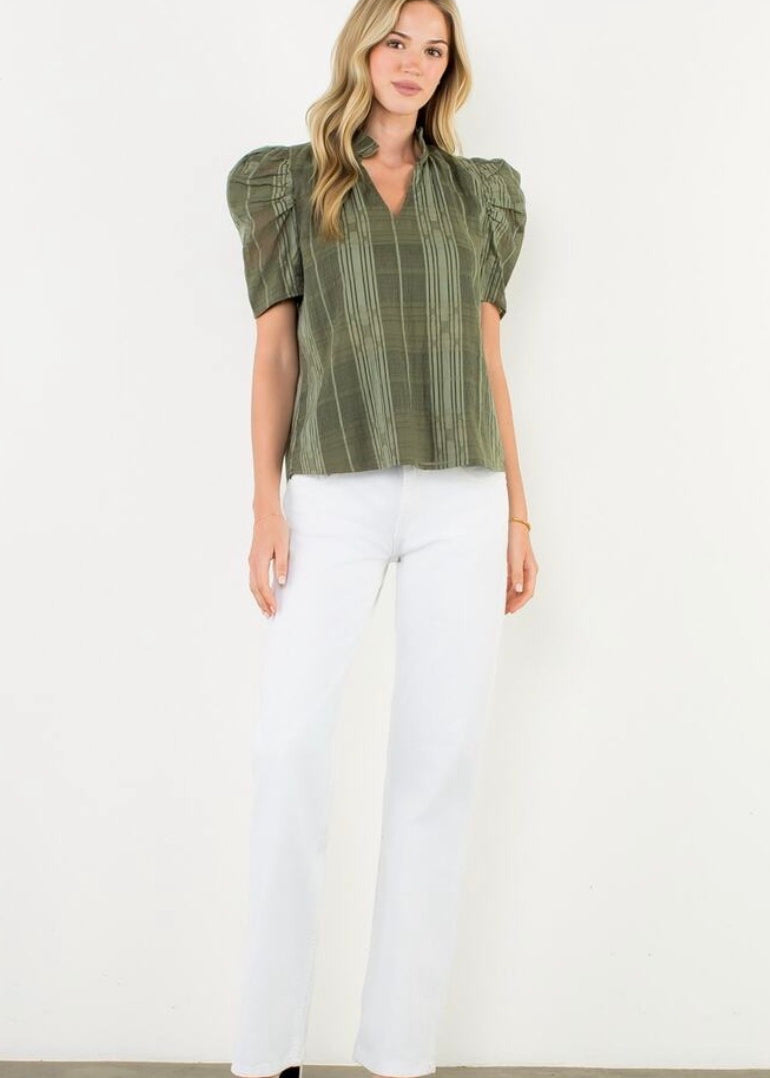 Puff Sleeve Mesh Check Blouse