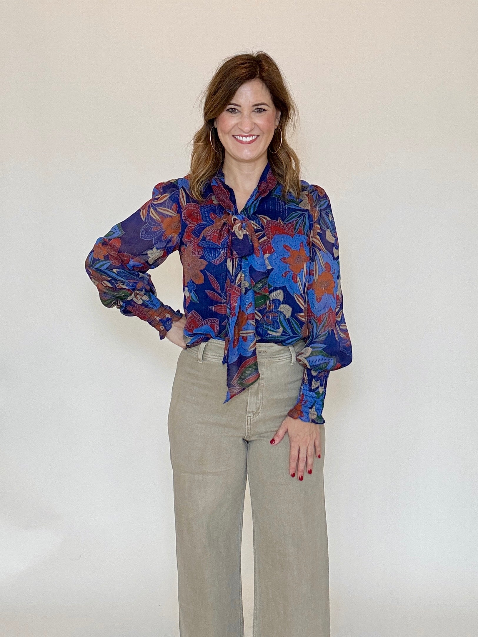 Tie Neck Long Sleeve Floral Blouse by Sugarlips, view 2