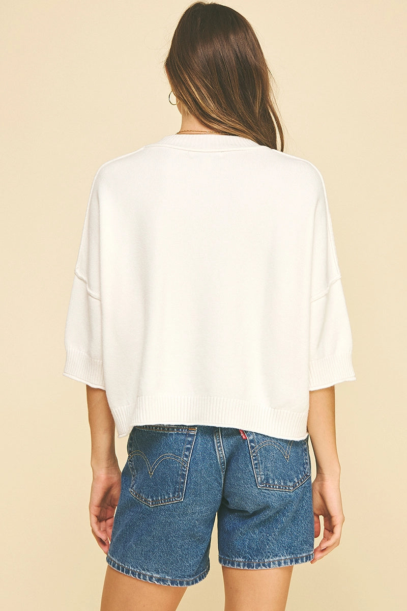 Short Sleeve Sweater, White, Detail - PINCH