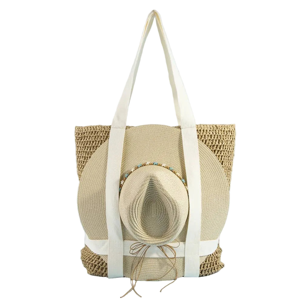 Woven tote bag with a straw hat on a light blue background