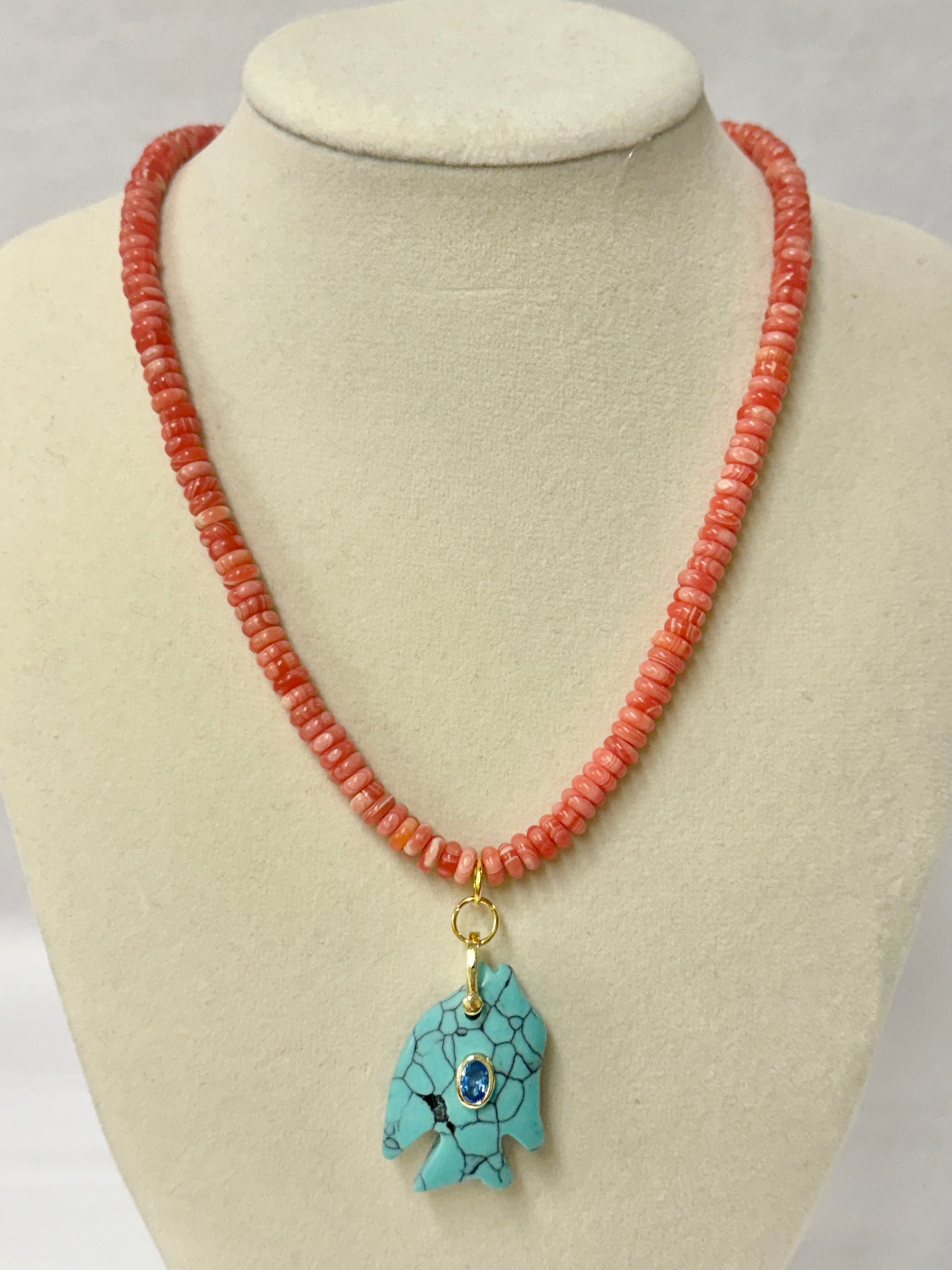 Coral Beaded/Turquoise Fish Necklace