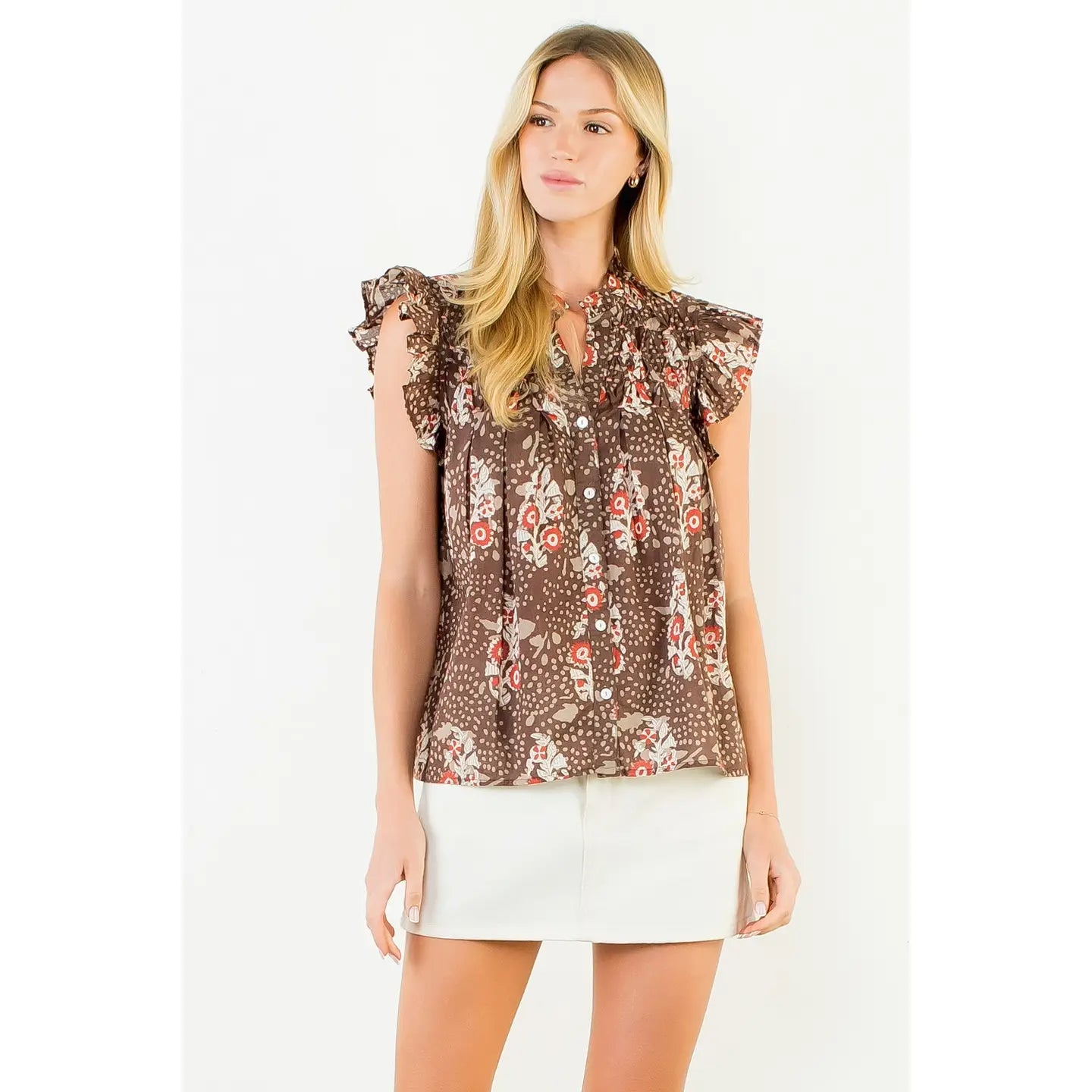 Brown Flutter Sleeve Button Top, Detail - THML