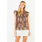 Brown Flutter Sleeve Button Top, Detail - THML