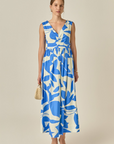 Blue/White Ruched Midi Dress