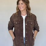 Chocolate oversized denim jacket by Vintage Havana, detail view of washed denim