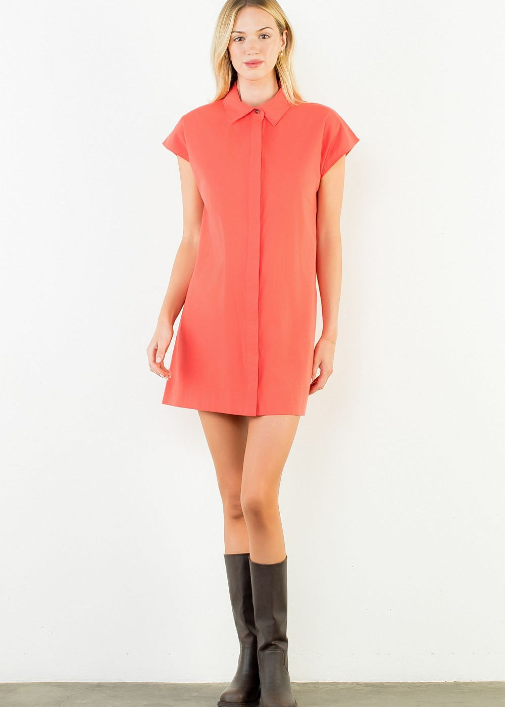 Red Orange Collared Shirtdress Mini - THML