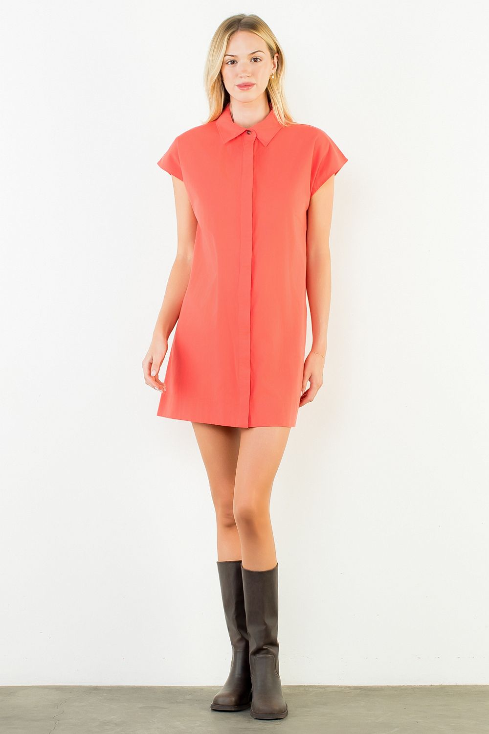 Red Orange Collared Shirtdress Mini - THML