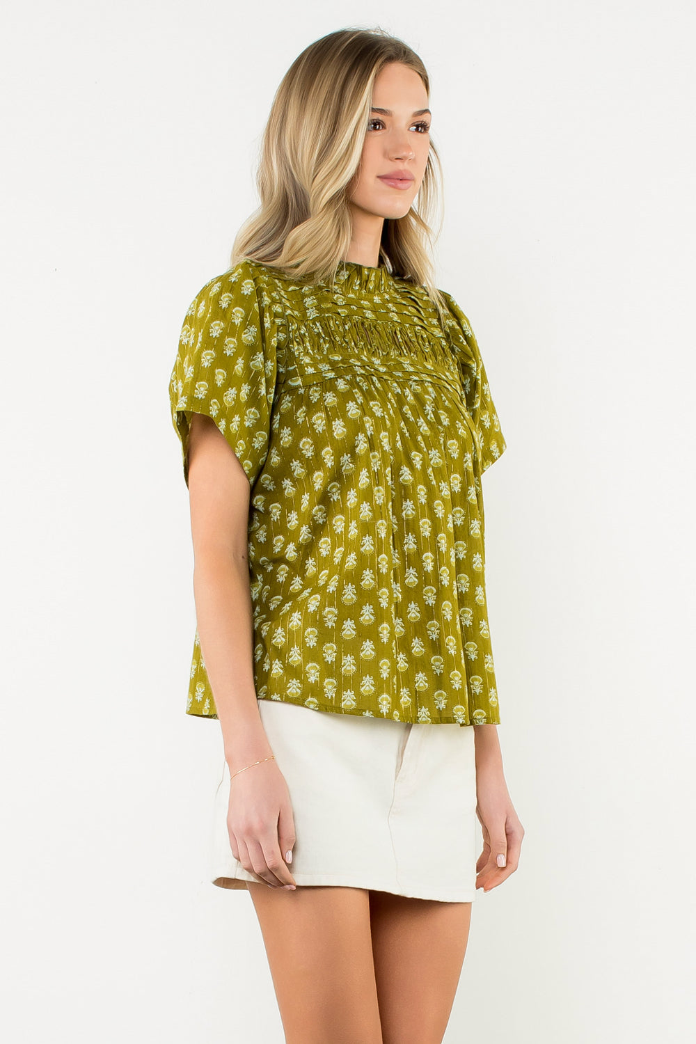 THML green floral pleated neck blouse with subtle sleeves