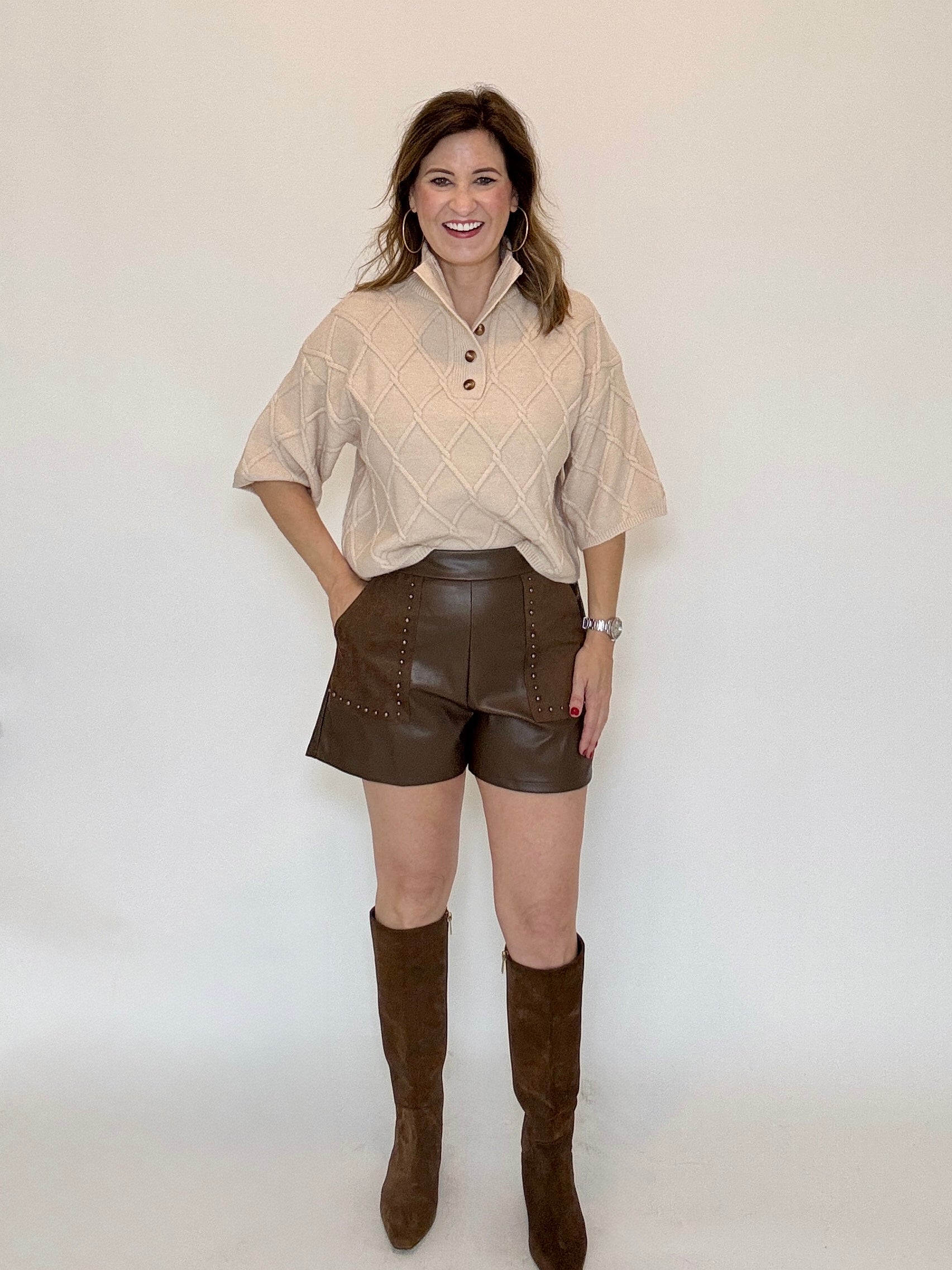 Ivory Cable Knit Sweater by Entro, styled on model - Chatsworth Boutique