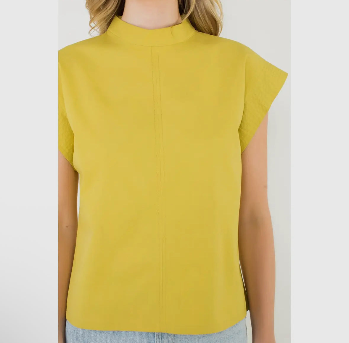 THML mock neck cap sleeve blouse in chartreuse and white
