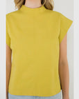 THML mock neck cap sleeve blouse in chartreuse and white