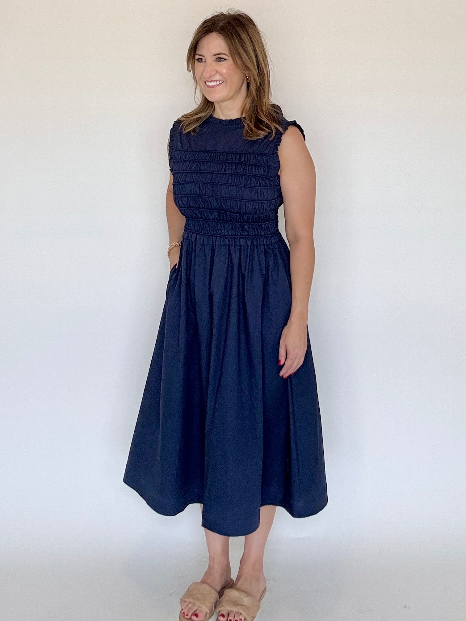 Navy Smocked Midi Dress