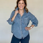 Denim Button Down Blouse, Side View - Miou Muse