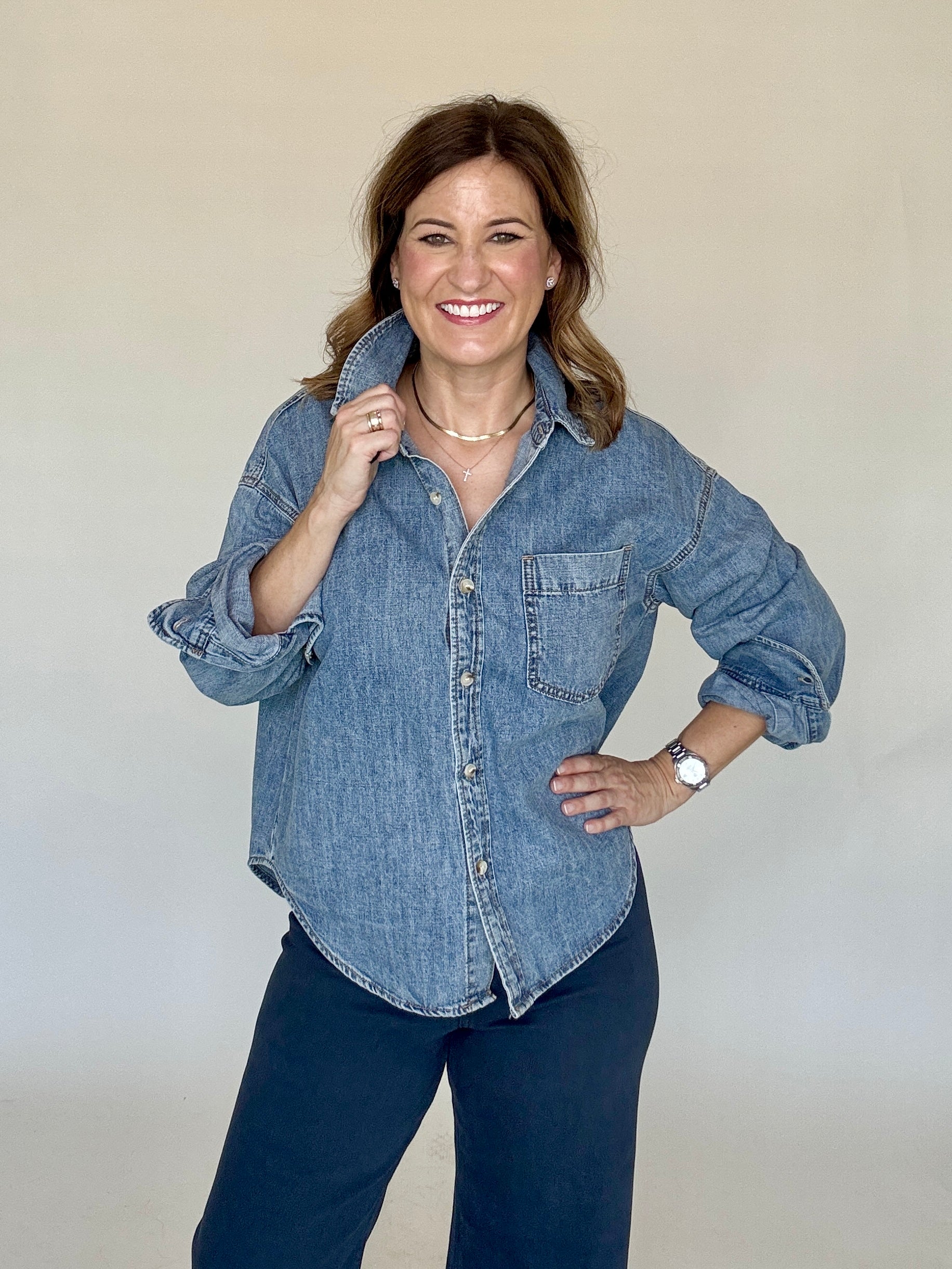Denim Button Down Blouse, Side View - Miou Muse