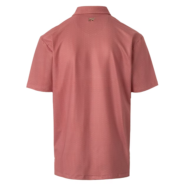 Red patterned polo shirt on a white background