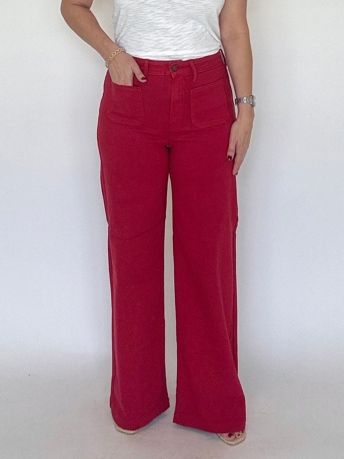 Patch Pocket Wide Leg Red