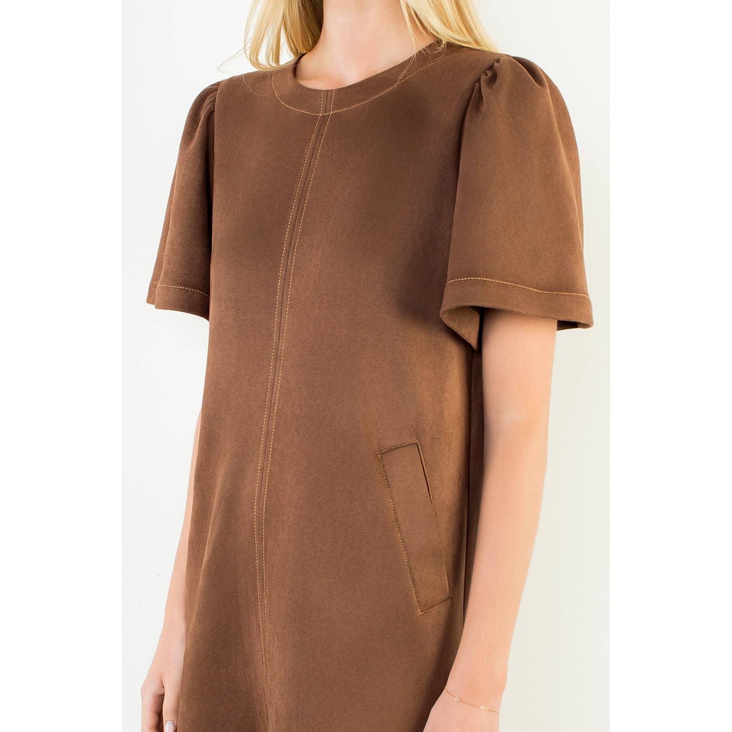 Chocolate Suede Short Sleeve Dress, Detail - THML