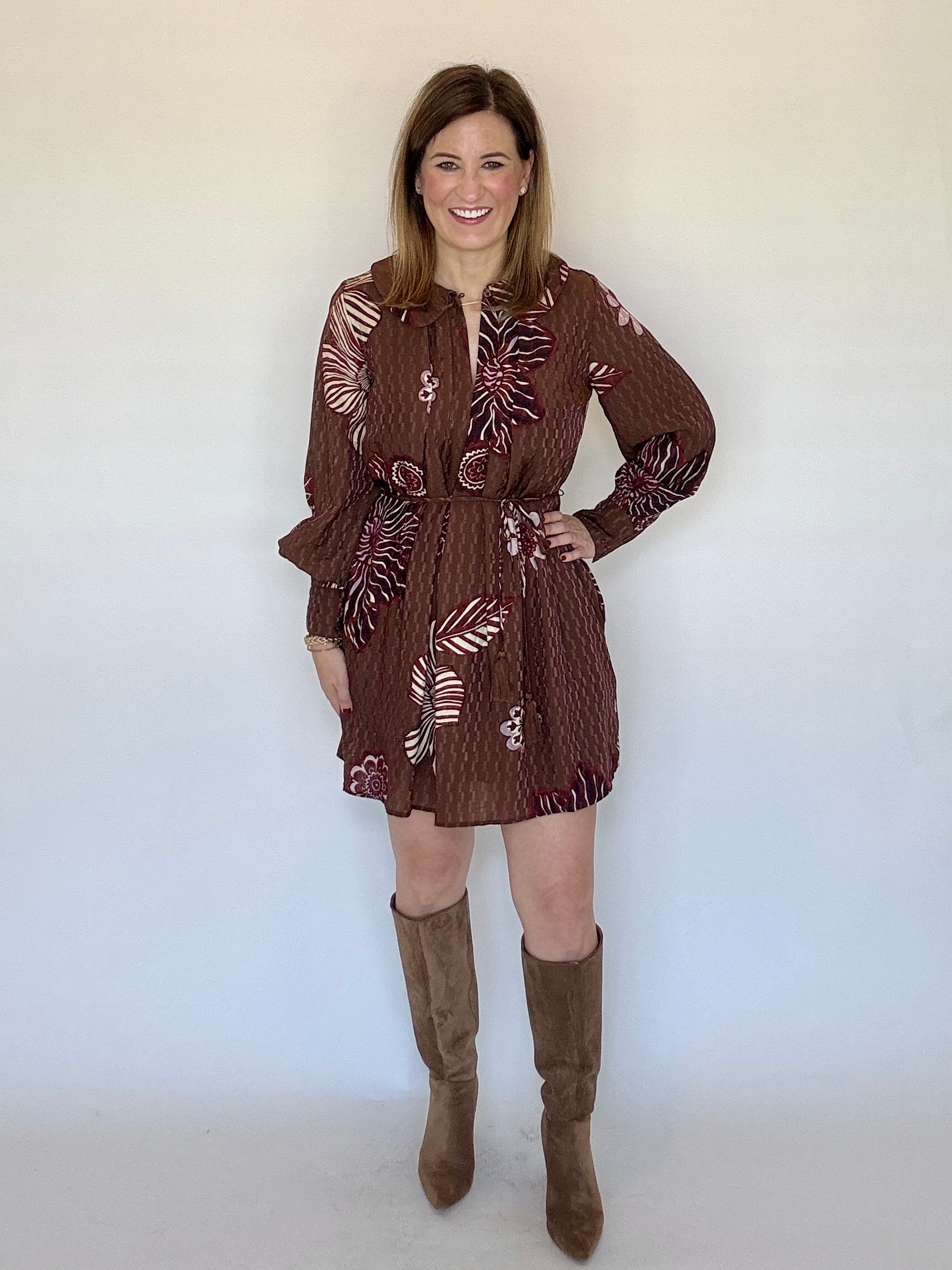 Brown Floral Textured Mini Dress - Ciebon