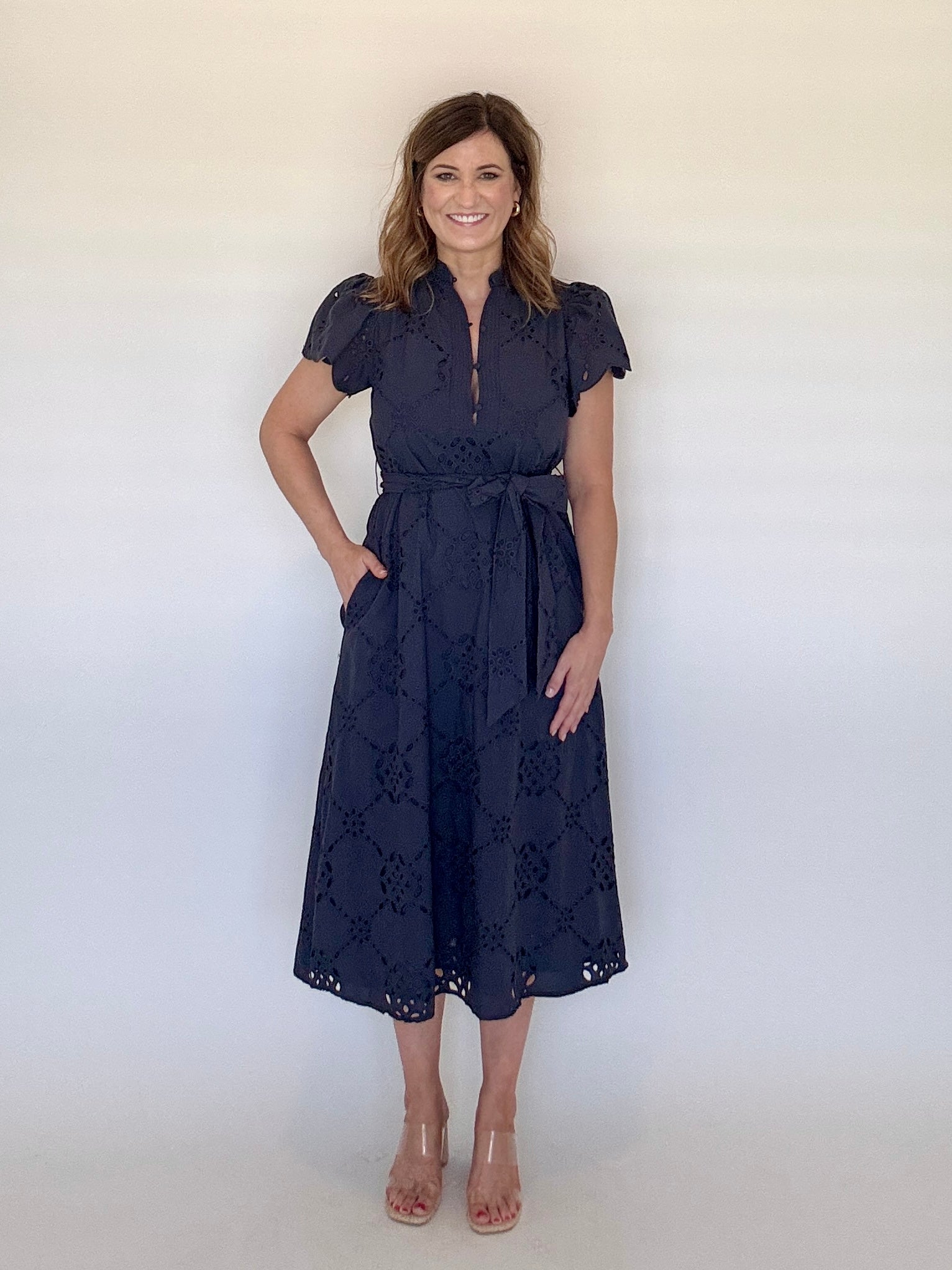 Navy Eyelet Midi Dress