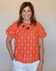 Orange EMB Puff Sleeve Blouse